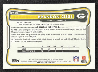 Brandon Cisse 2026 Bowman Chrome NFL Speckle Refractor Packers