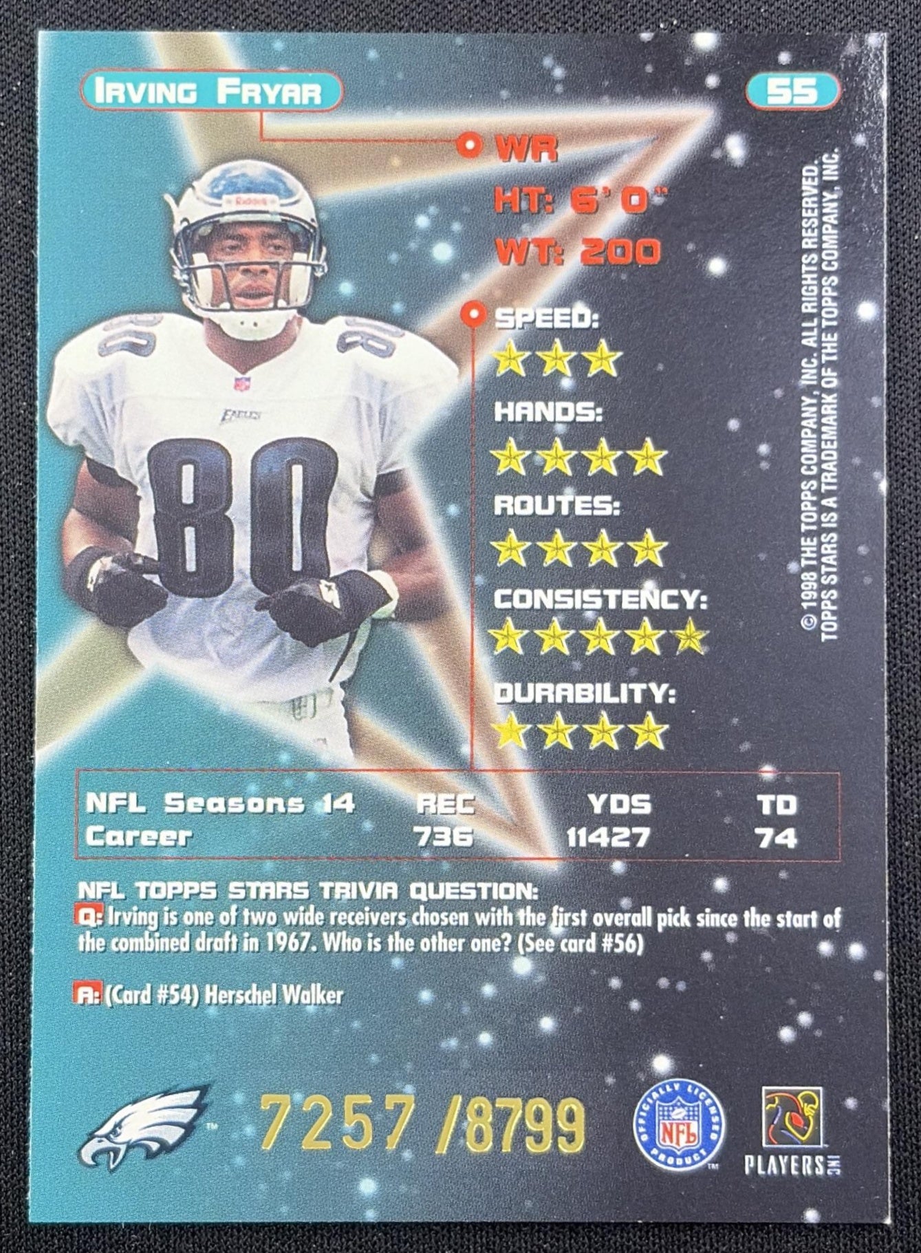 Irving Fryar 1998 Topps Stars Bronze Star /8799 Eagles back