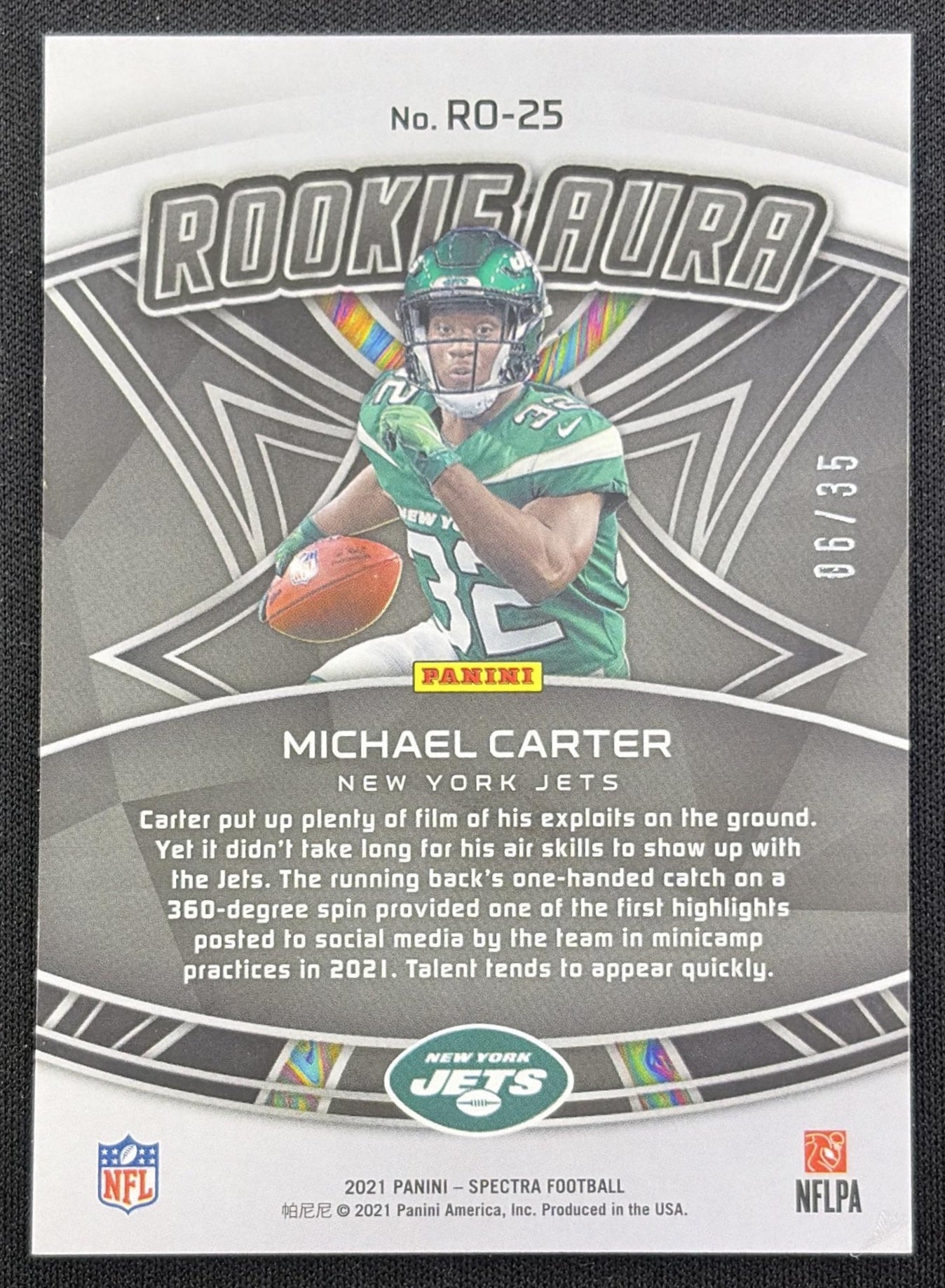 Michael Carter 2021 Panini Spectra Rookie Aura Neon Green /35 Jets New York Jets