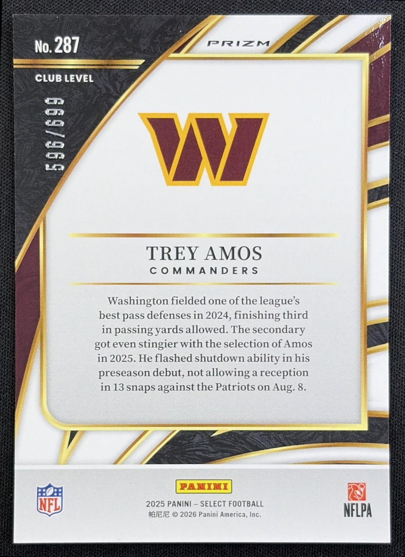 Trey Amos 2025 Panini Select Club Level Purple Prizm Shock /699 Commanders