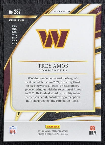 Trey Amos 2025 Panini Select Club Level Purple Prizm Shock /699 Commanders