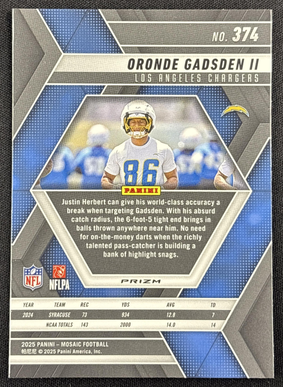 Oronde Gadsden II 2025 Panini Mosaic Rookies Reactive Purple Prizm Chargers