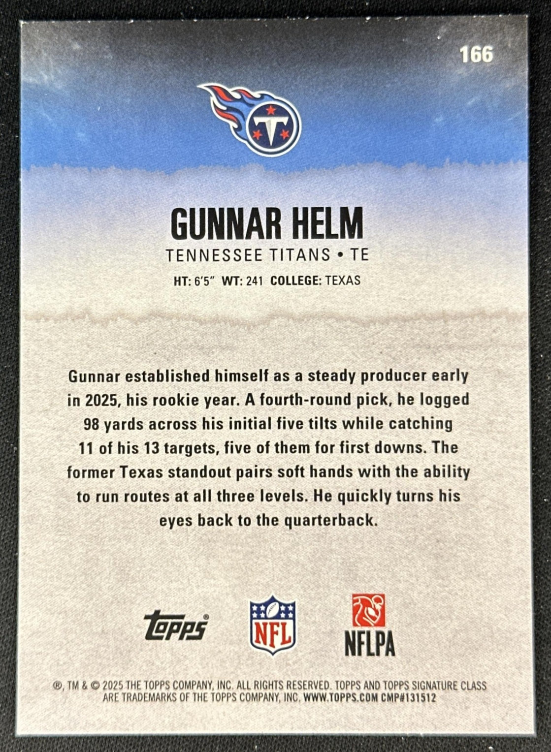 Gunnar Helm 2025 Topps Signature Class Red Rookie Titans back