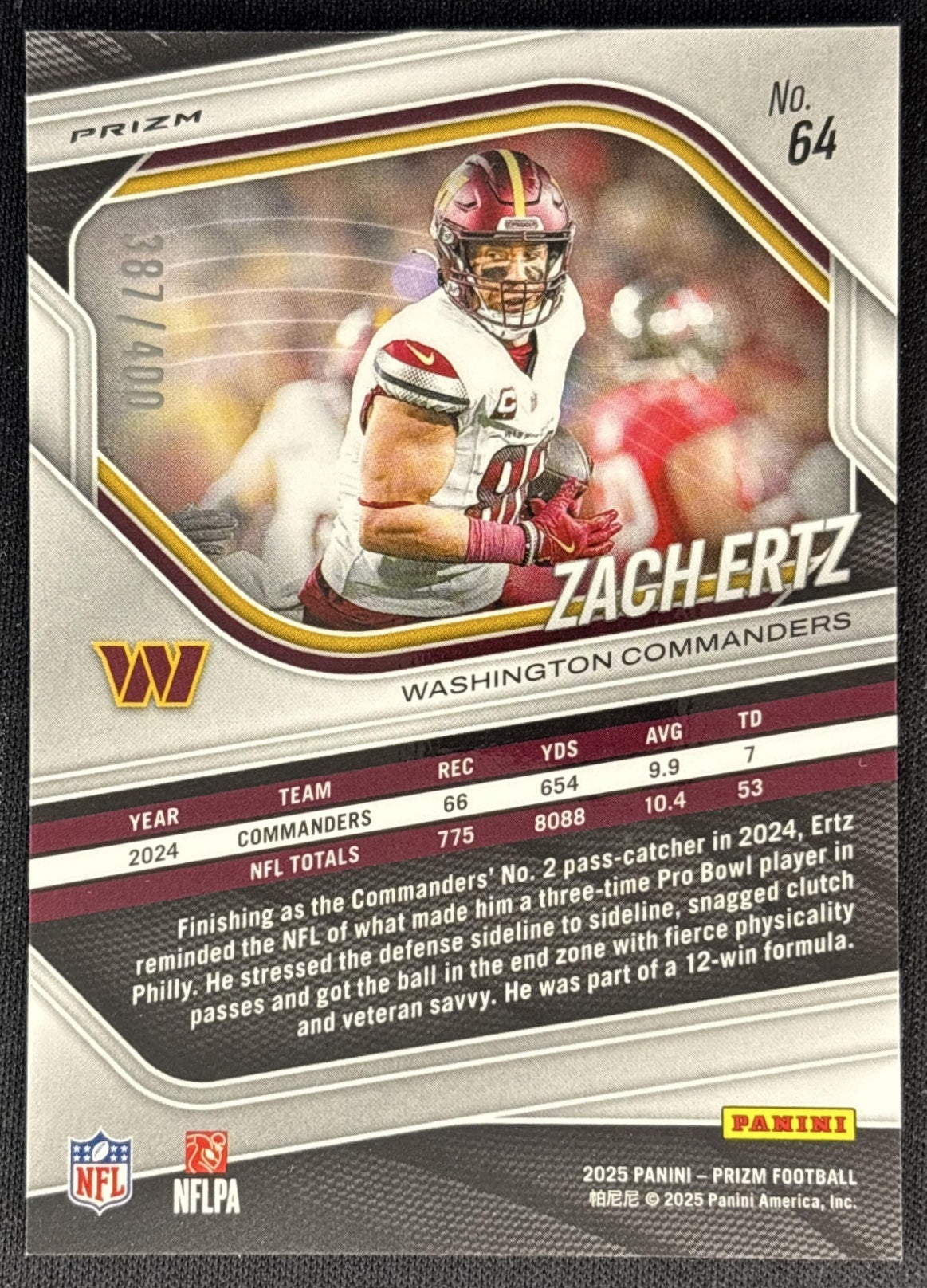 Zach Ertz 2025 Panini Prizm Pandora /400 Commanders back