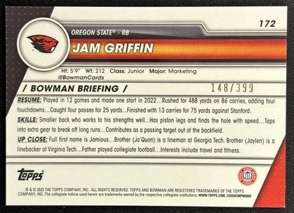 Jam Griffin 2023 Bowman University Chrome Purple Mini Diamond Refractor /399 back