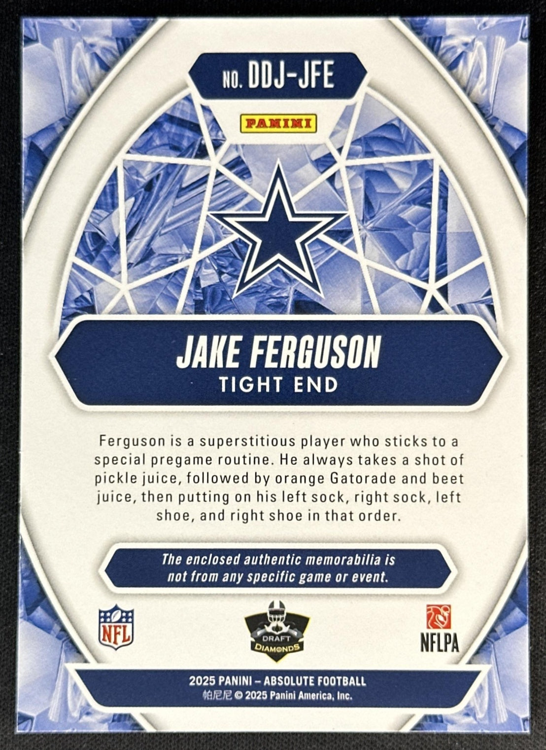 Jake Ferguson 2025 Panini Absolute Draft Diamonds Jersey Cowboys