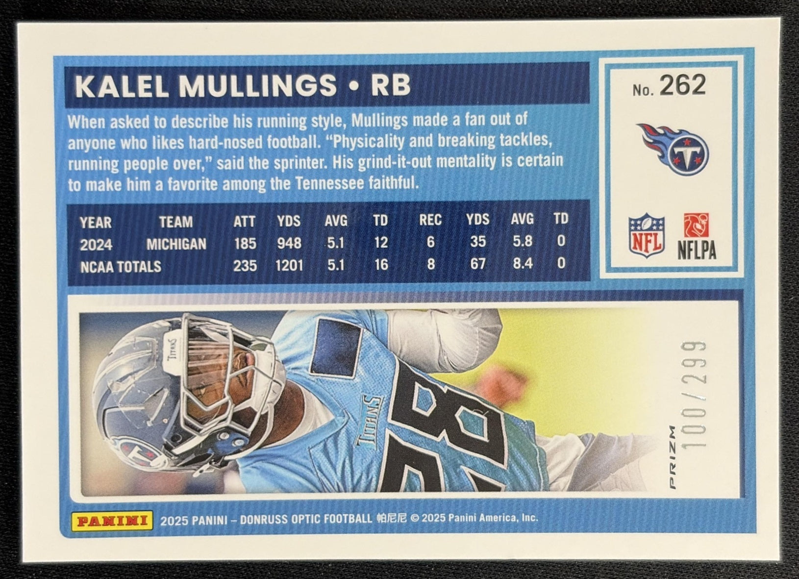 Kalel Mullings 2025 Panini Donruss Optic Rated Rookie Orange Prizm /299 Titans Sports Trading Cards
