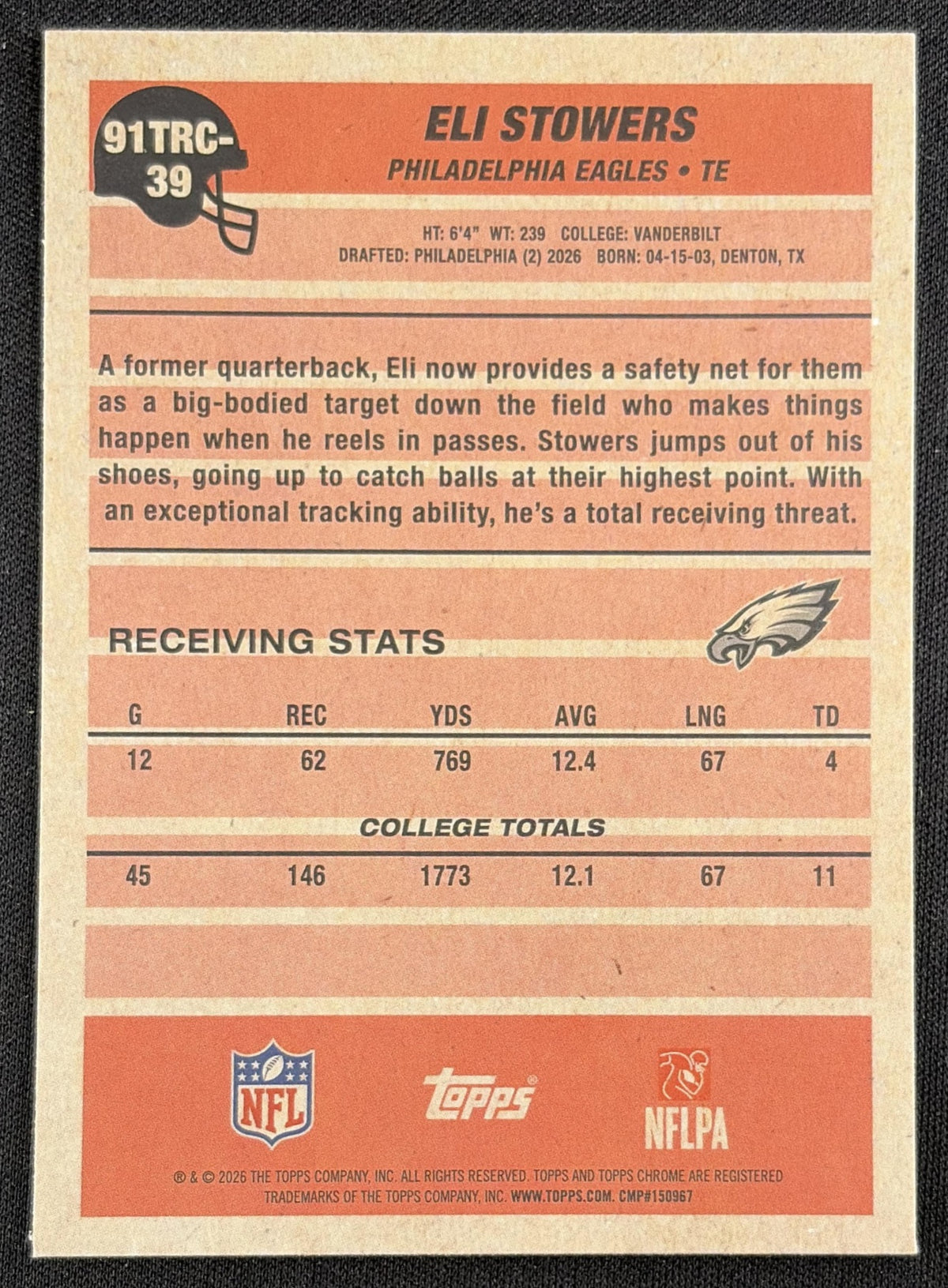 Eli Stowers 2026 Topps 1991 Chrome Rookie Mojo Refractor Eagles Sports Trading Card