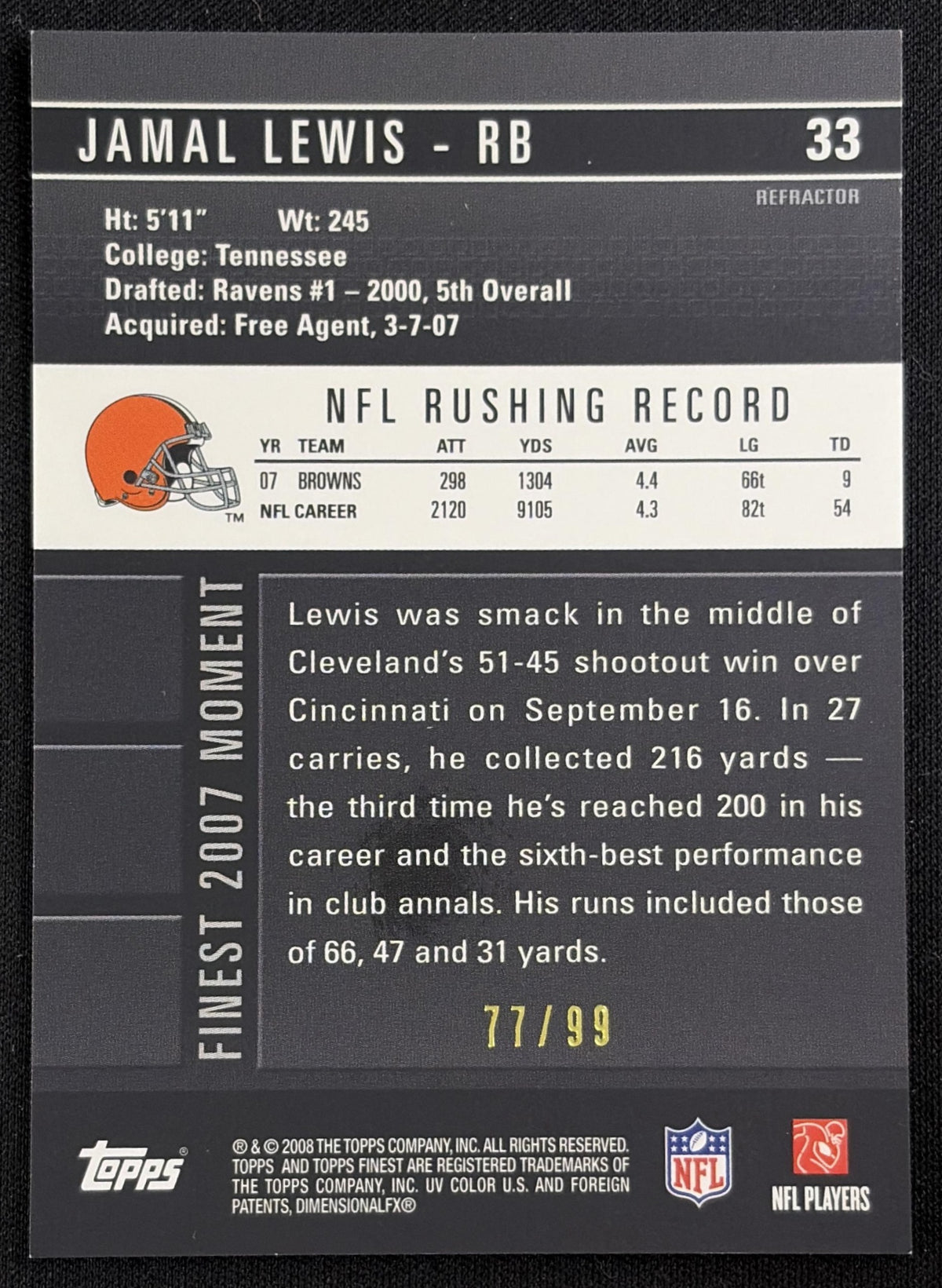 Jamal Lewis 2008 Topps Finest Black Refractors/Xfractors /99 Browns Sports Trading Card