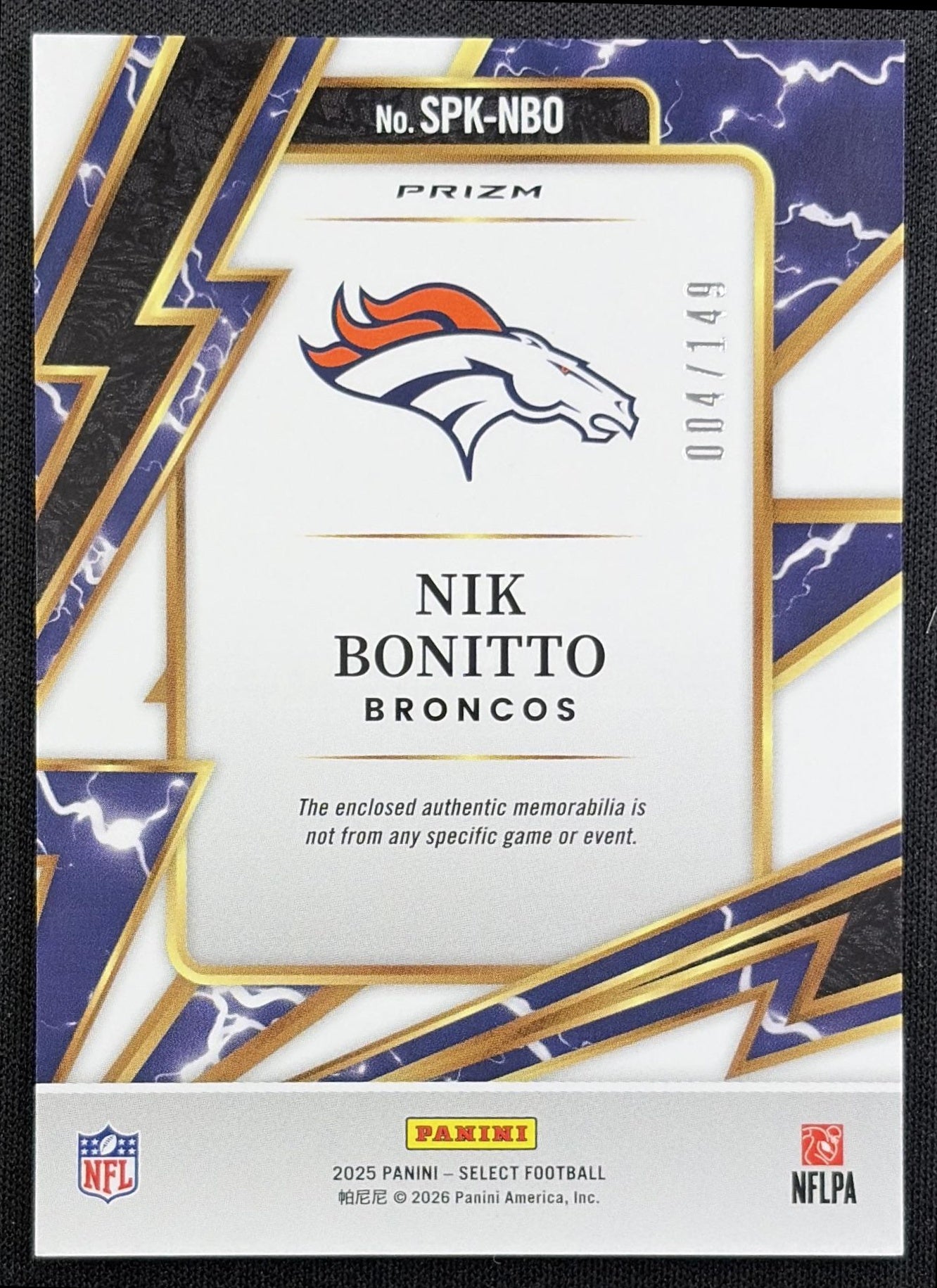 Nik Bonitto 2025 Panini Select Sparks Silver Prizm /149 Broncos - back