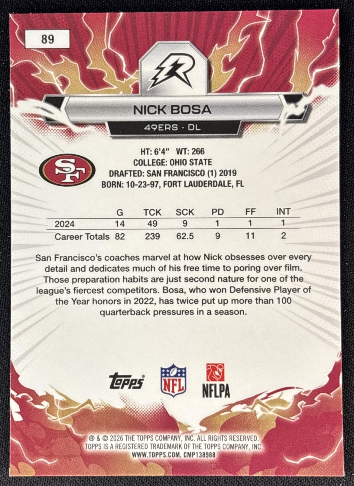 Nick Bosa 2025 Topps Resurgence Sky Blue and Pink Shock Refractor 49ers San Francisco 49ers Sports Trading Cards