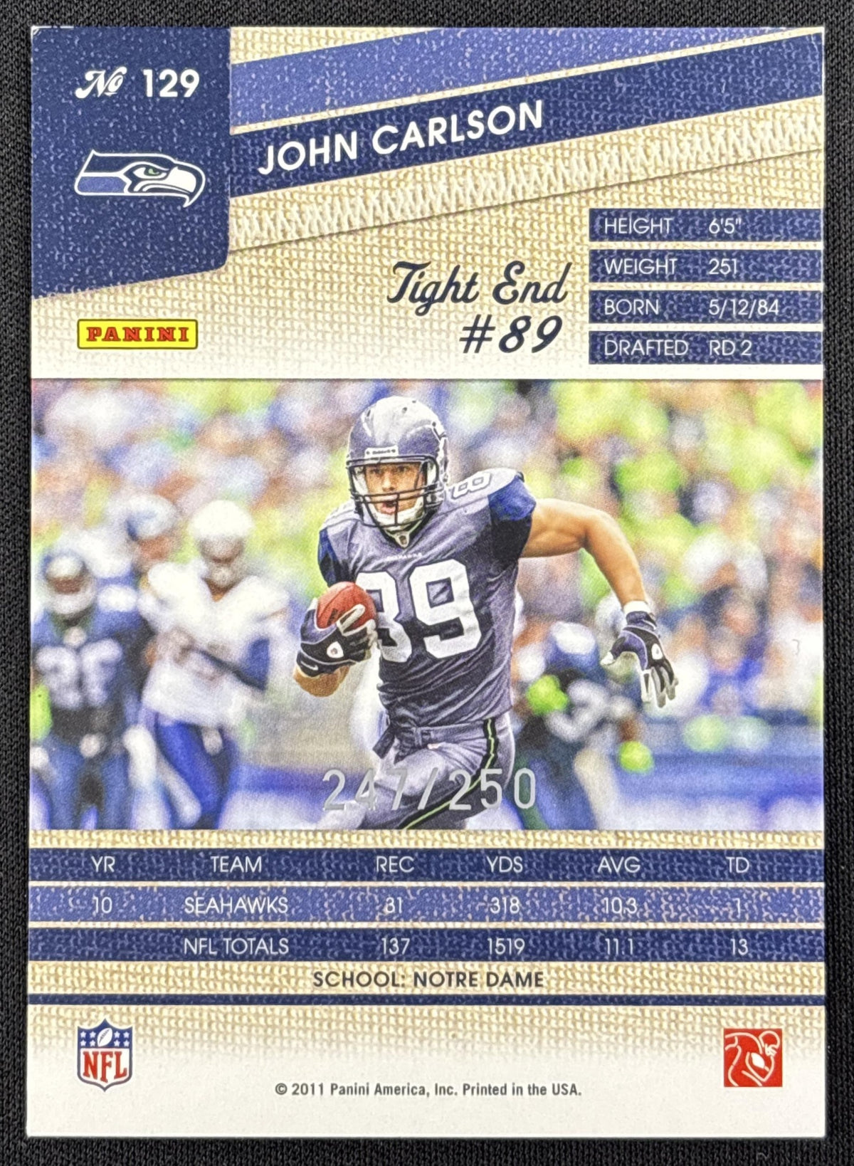 John Carlson 2011 Panini Threads Silver /250 Seahawks