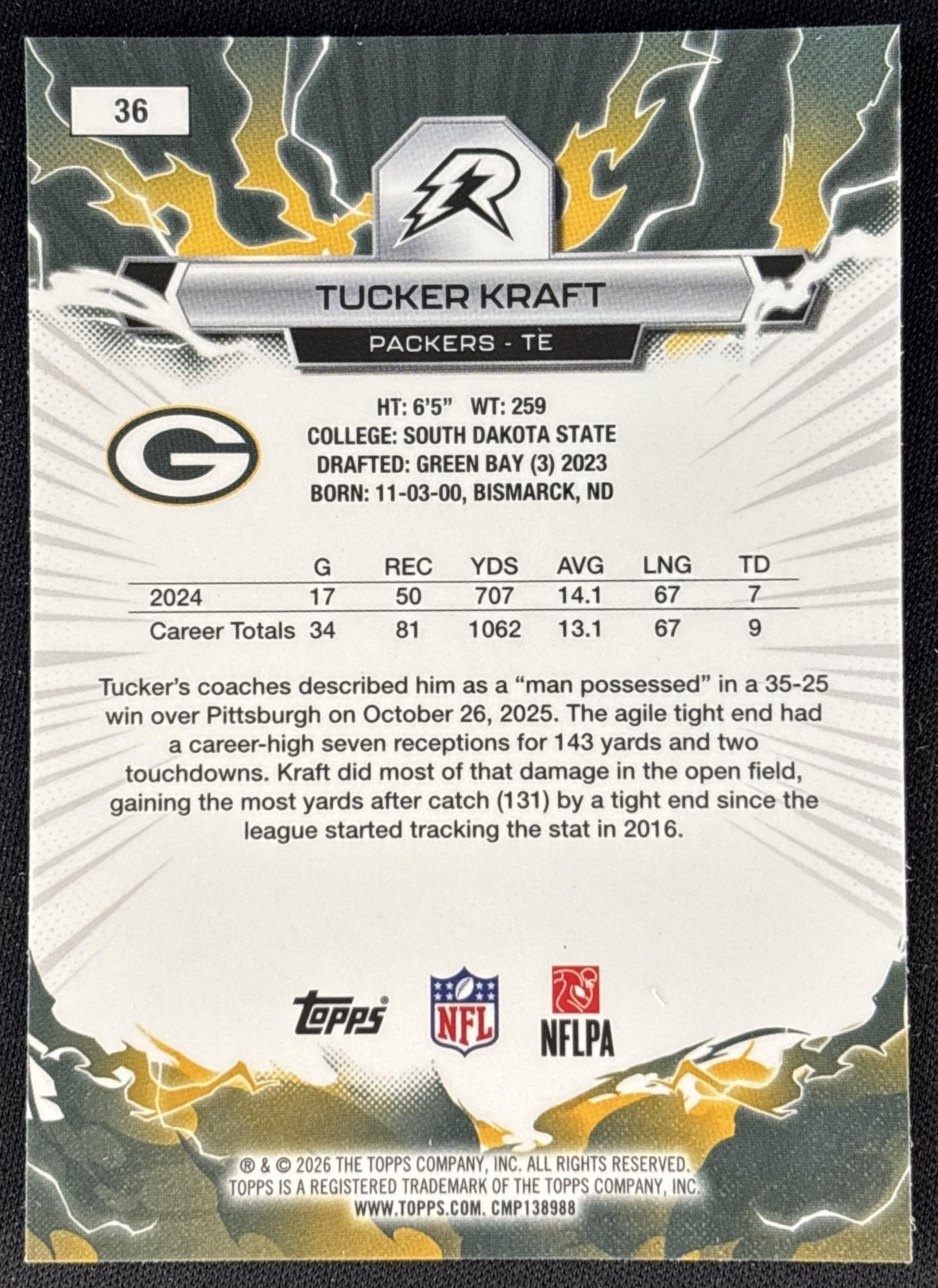 Tucker Kraft 2025 Topps Resurgence Packers Green Bay Packers back
