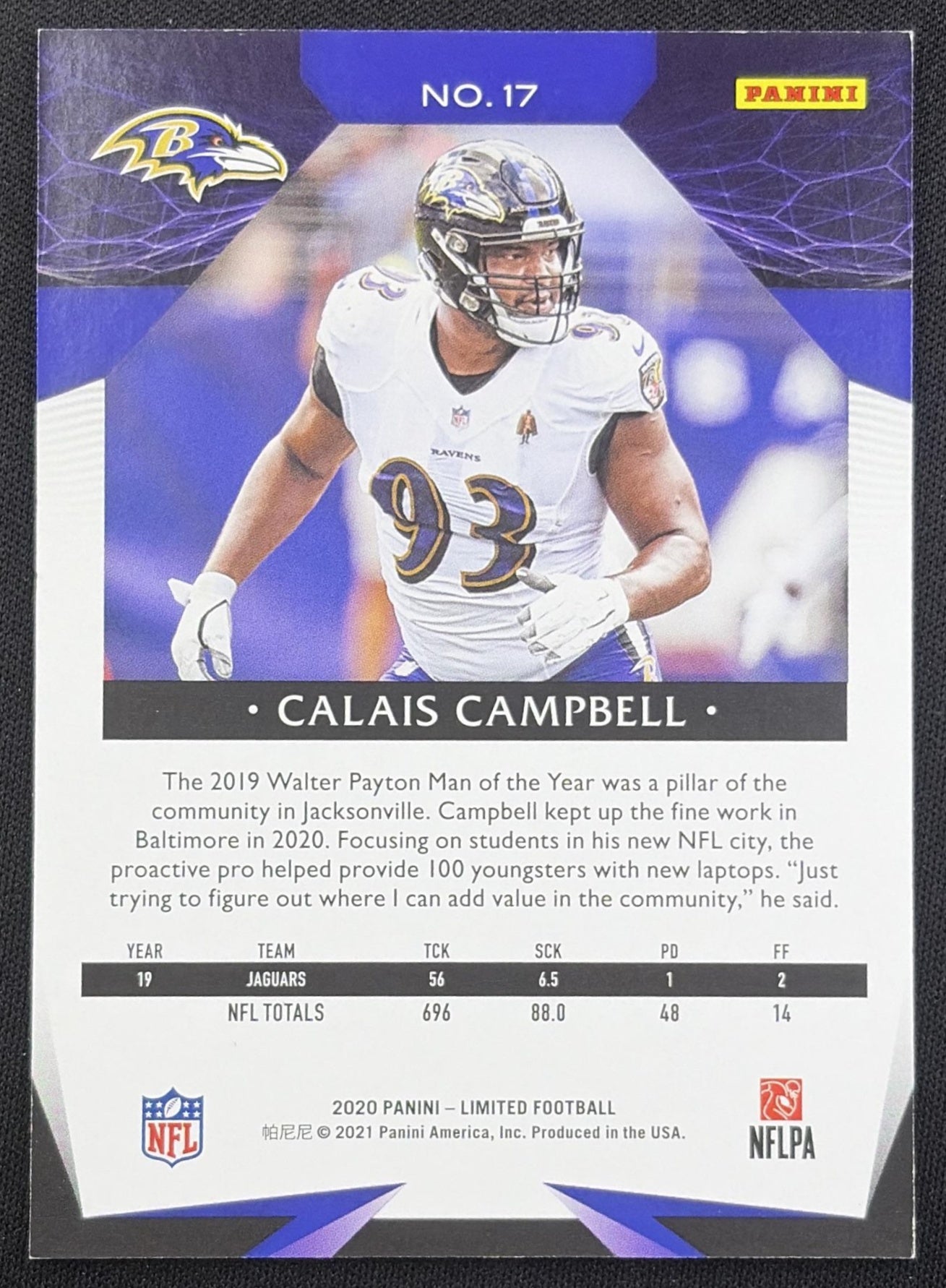 Calais Campbell 2020 Panini Limited Ruby Spotlight /49 Ravens