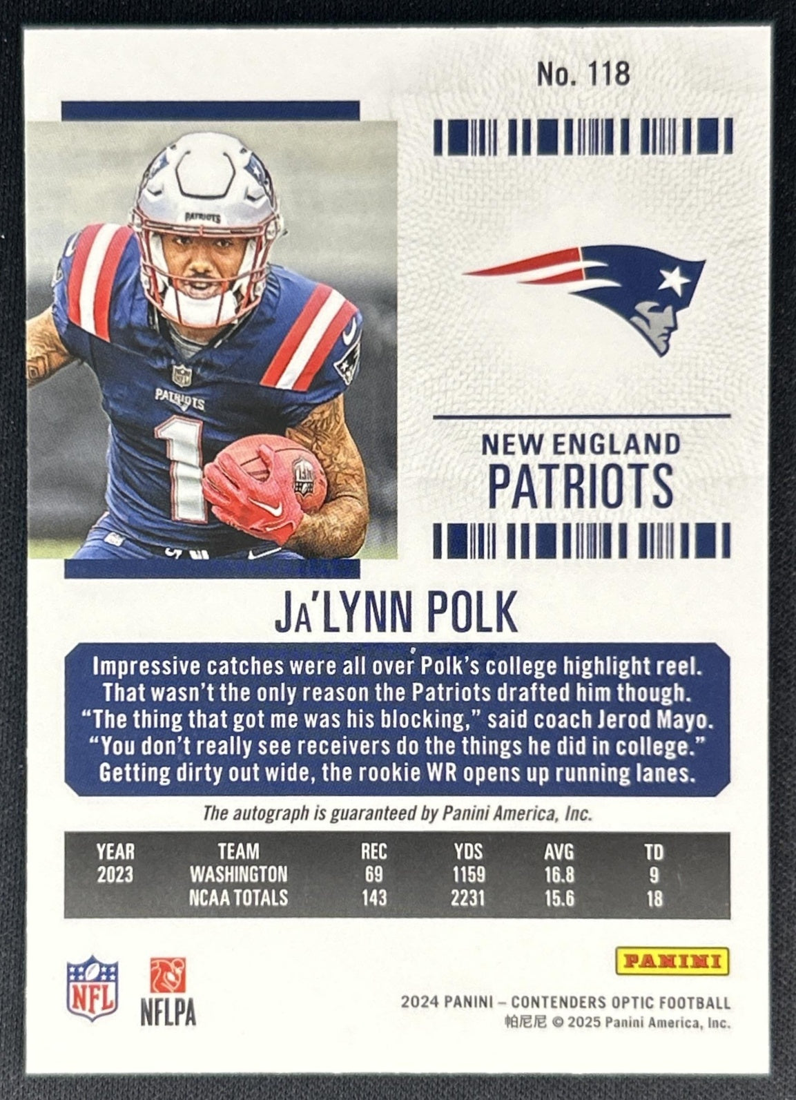 Ja'Lynn Polk 2024 Panini Contenders Optic Rookie Ticket RPS Auto Patriots Back