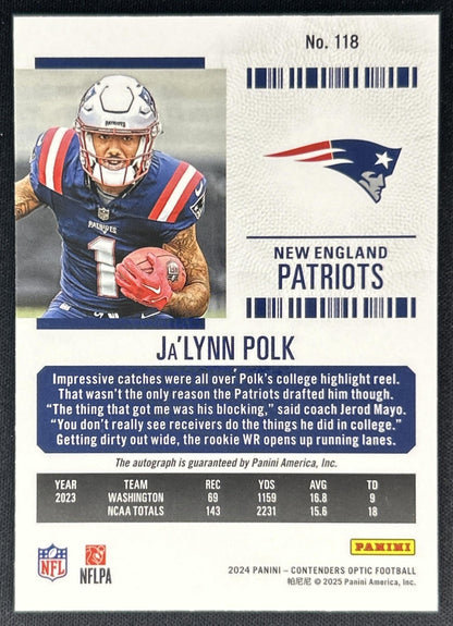 Ja'Lynn Polk 2024 Panini Contenders Optic Rookie Ticket RPS Auto Patriots Back