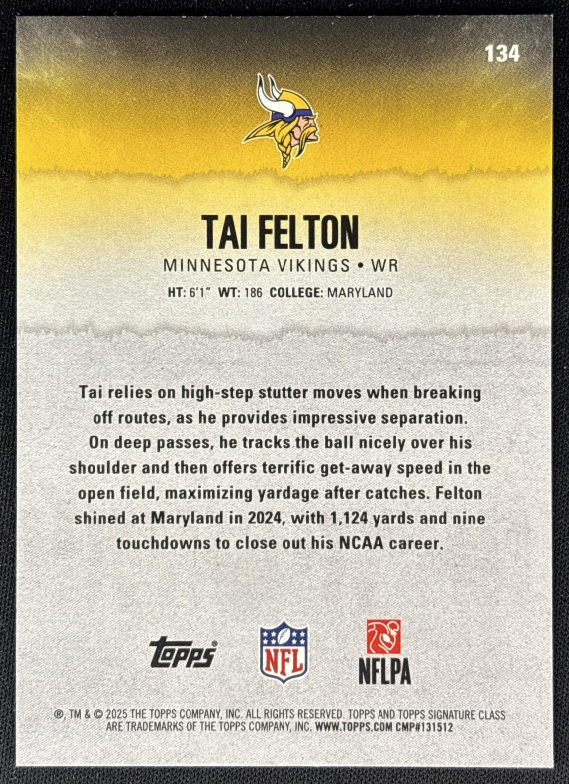 Tai Felton 2025 Topps Signature Class Rookie Blue & Yellow Foil Vikings - Back