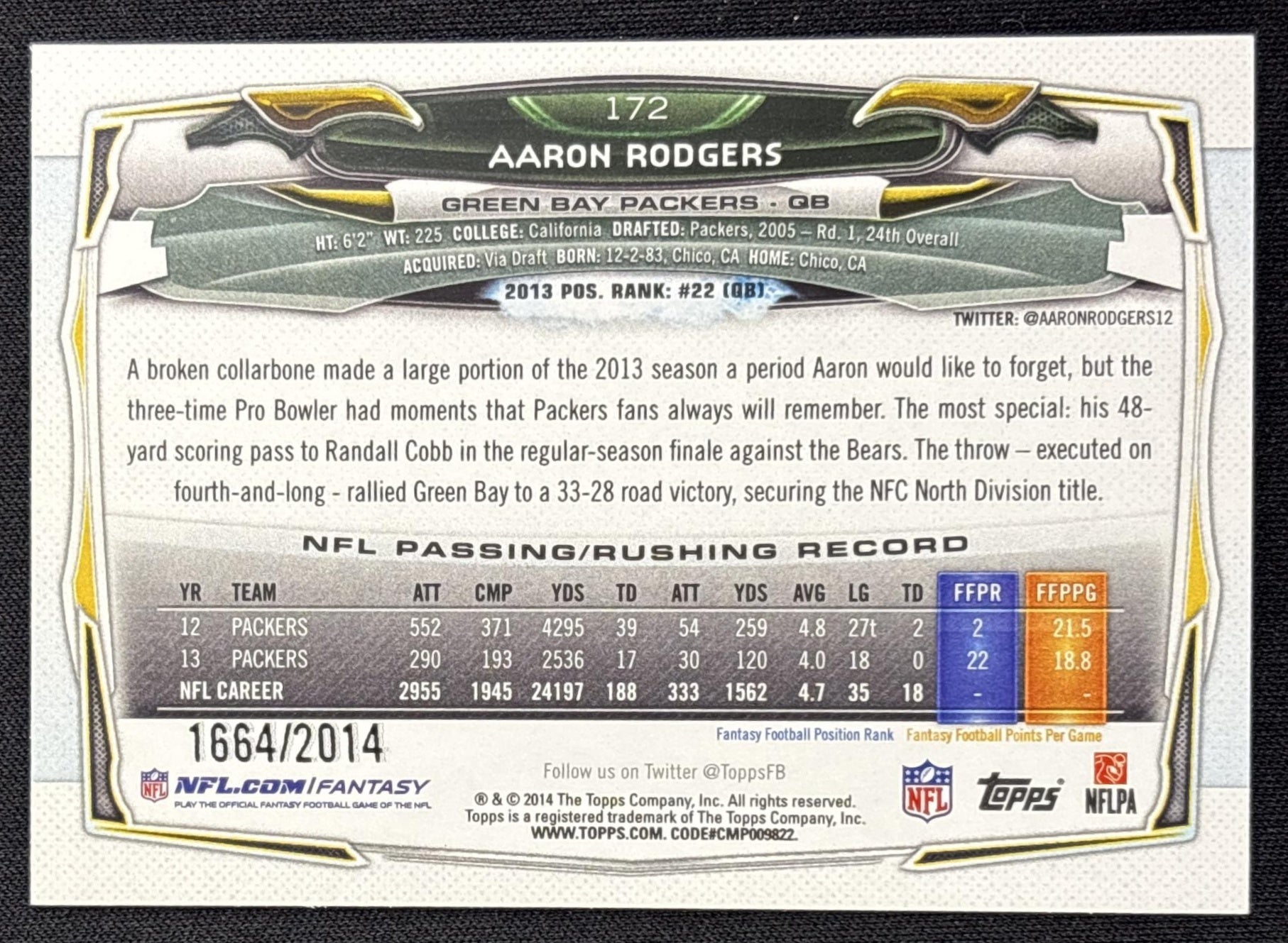 Aaron Rodgers 2014 Topps Gold /2014 Packers - back