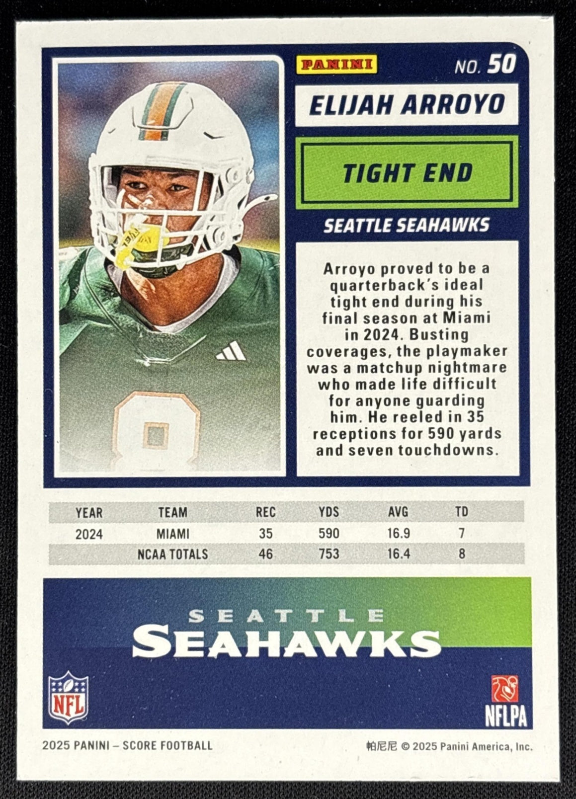 Elijah Arroyo 2025 Panini Score Rookies Dots Blue /399 Seahawks back
