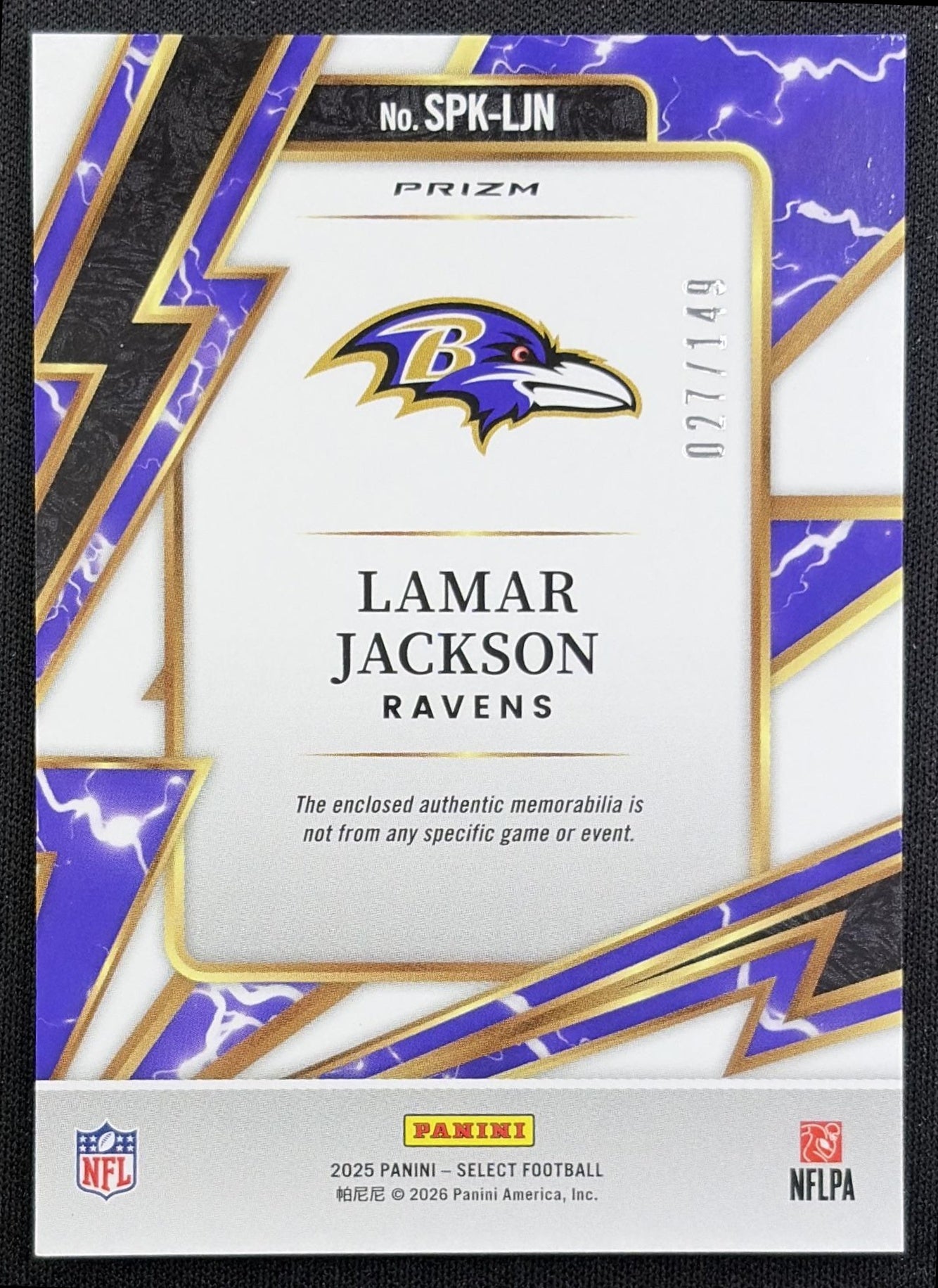 Lamar Jackson 2025 Panini Select Sparks Silver Prizm /149 Ravens