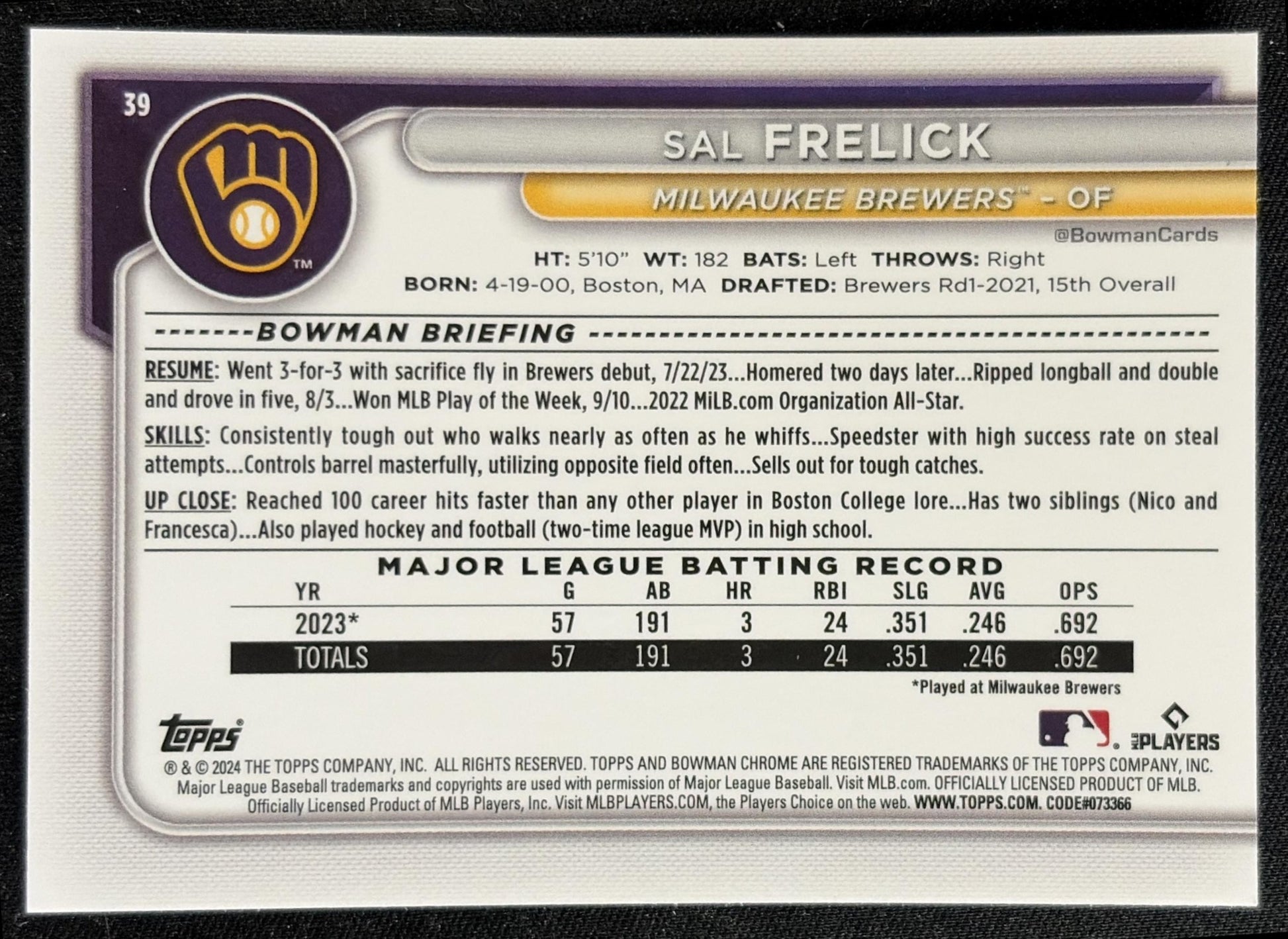 Sal Frelick 2024 Bowman Mega Box Mojo Refractor Brewers back