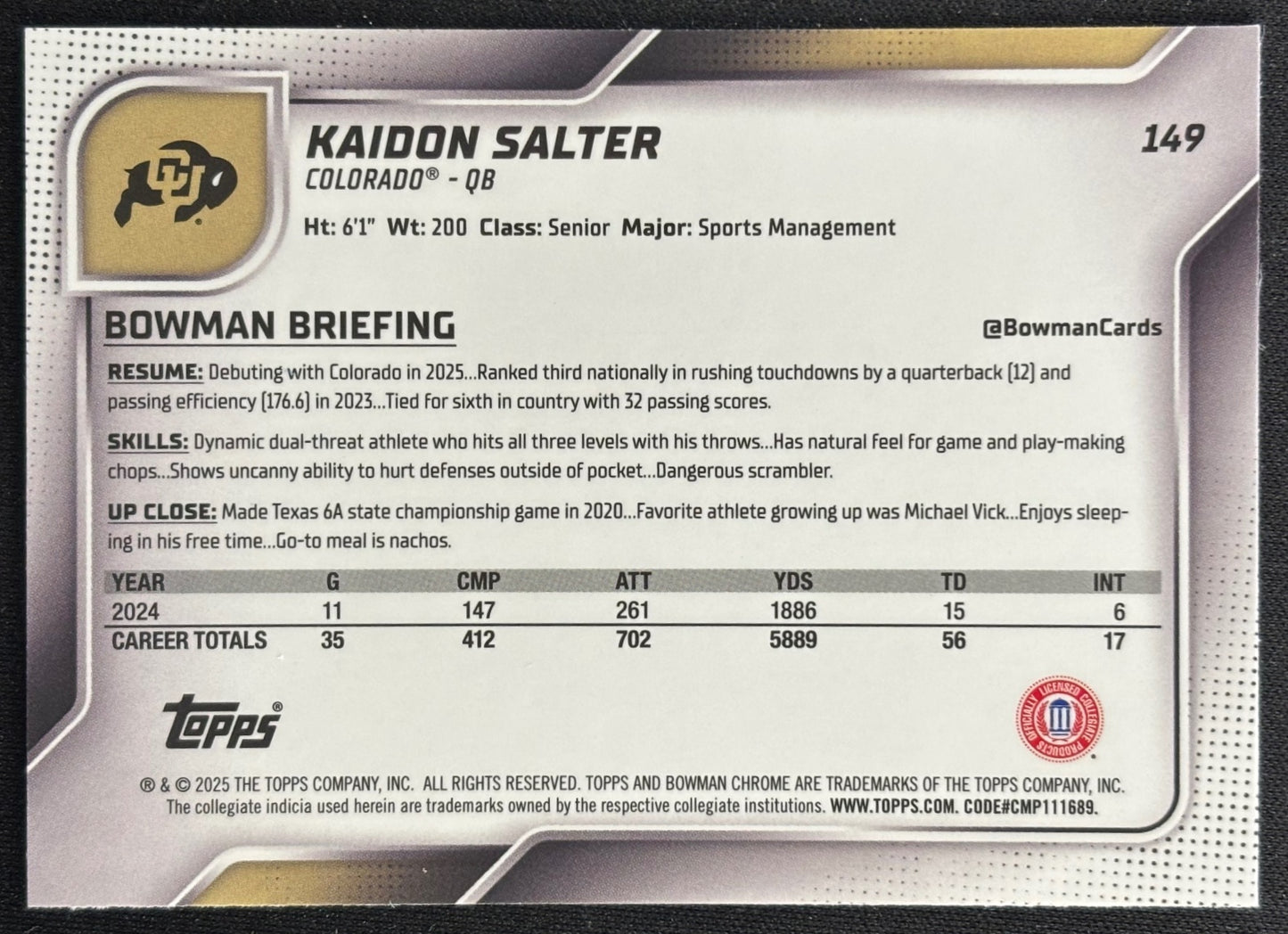 Kaidon Salter 2025 Bowman Chrome University Sapphire Prospect Buffaloes Sports Trading Card