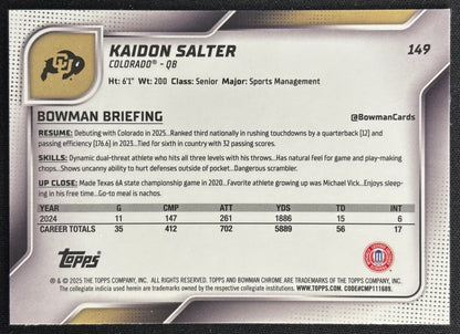 Kaidon Salter 2025 Bowman Chrome University Sapphire Prospect Buffaloes Sports Trading Card