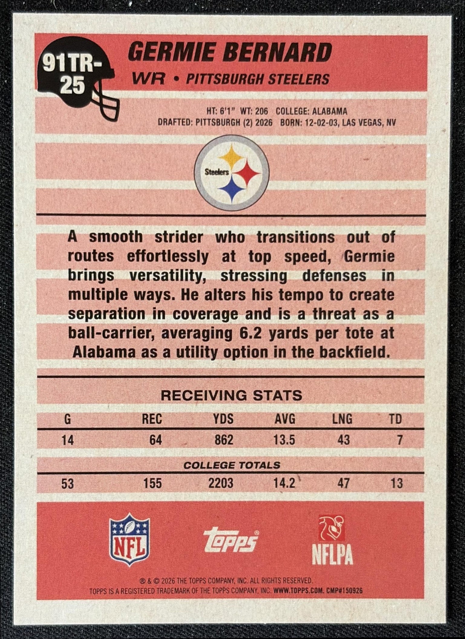 Germie Bernard 2026 Topps 1991 Rookie Steelers back