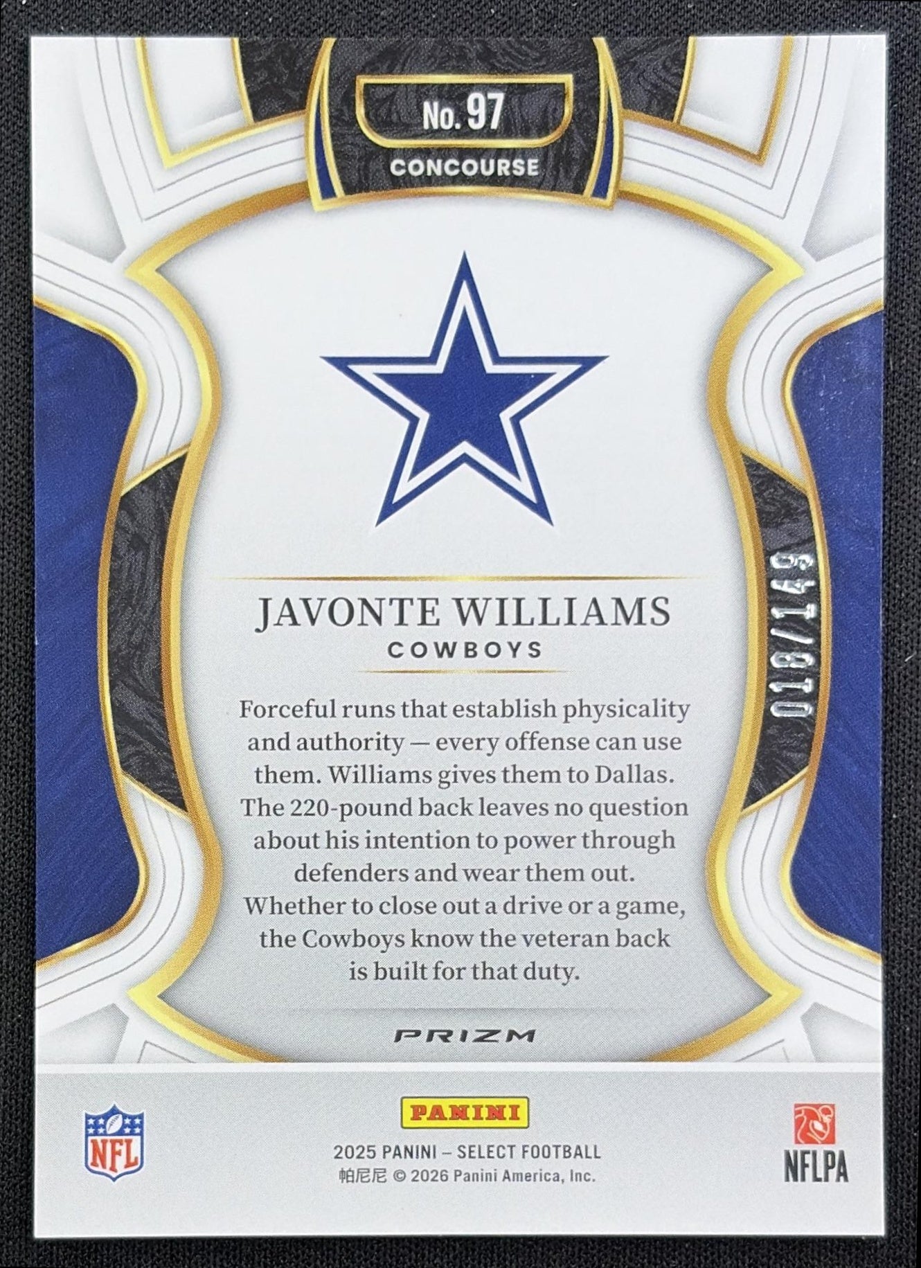 Javonte Williams 2025 Panini Select Concourse Maroon Prizm /149 Cowboys back