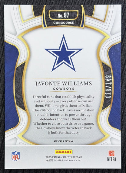 Javonte Williams 2025 Panini Select Concourse Maroon Prizm /149 Cowboys back