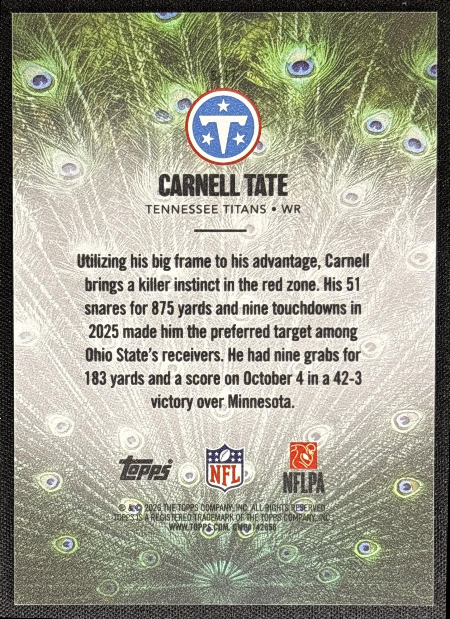 Carnell Tate 2026 Topps Struttin' Titans - back