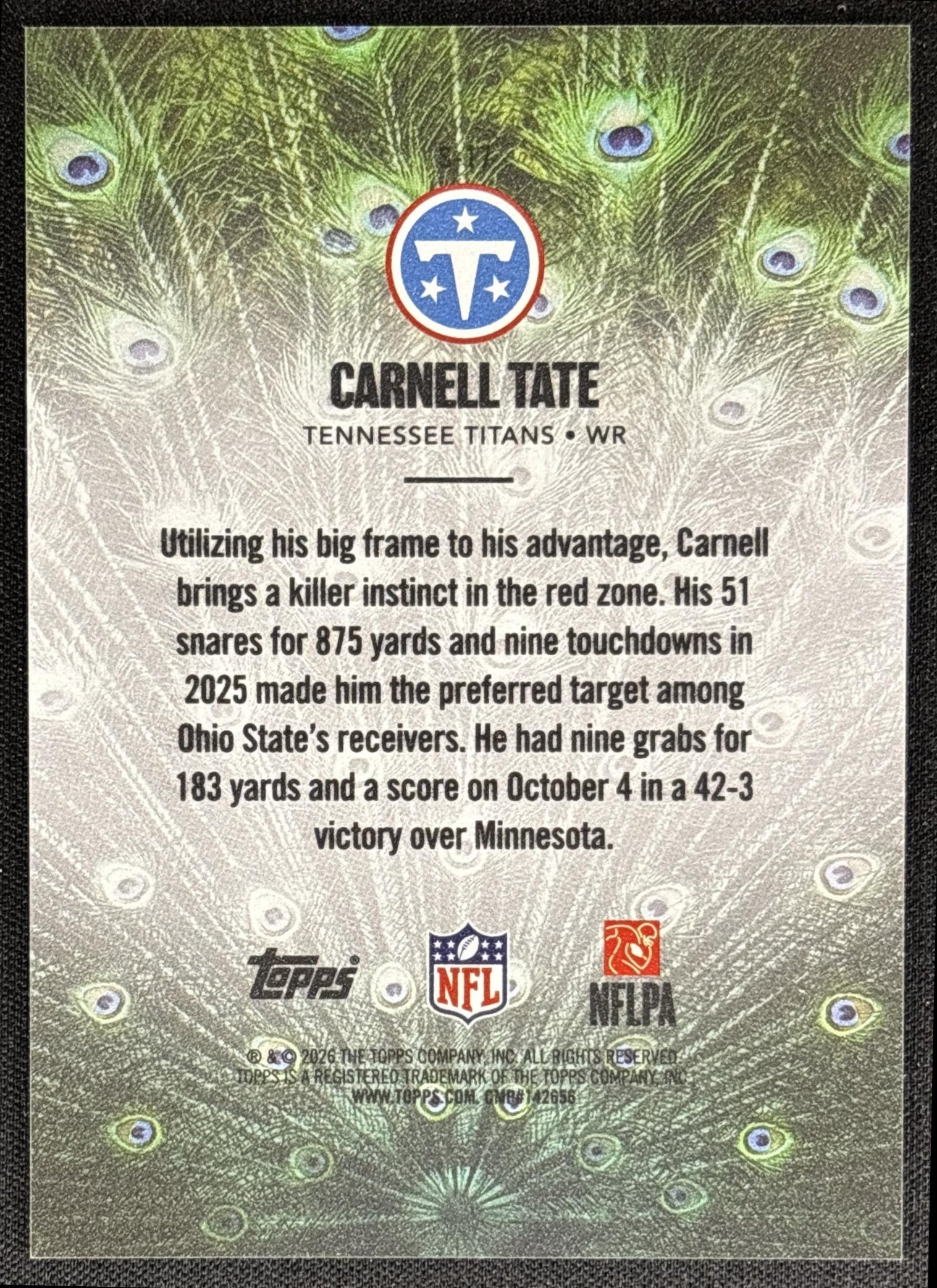Carnell Tate 2026 Topps Struttin' Titans - back