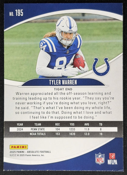 Tyler Warren 2025 Panini Absolute Rookies Blue Colts back