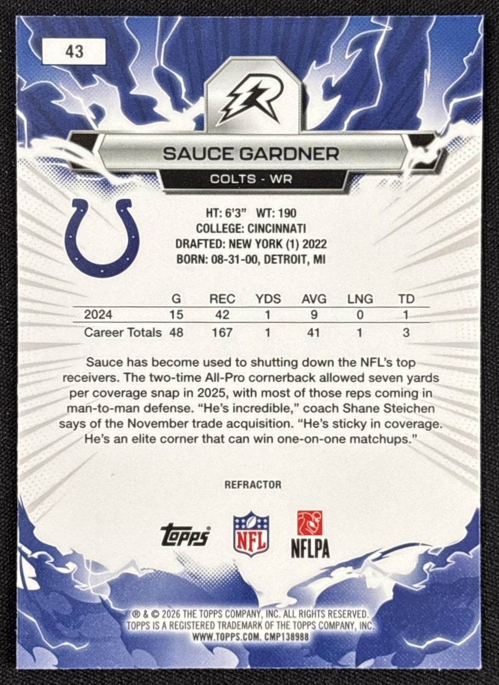 Sauce Gardner 2025 Topps Resurgence Refractor Colts