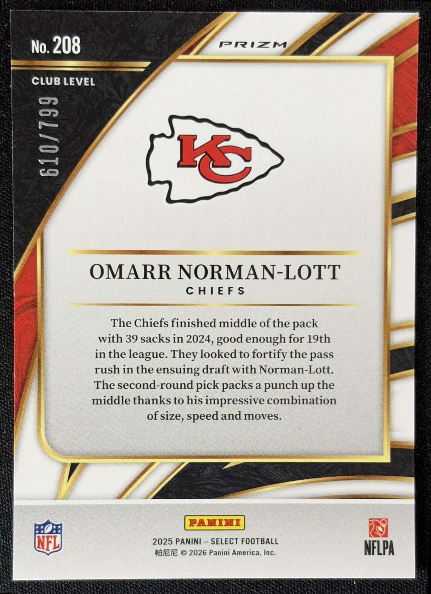 Omarr Norman-Lott 2025 Panini Select Club Level White Prizm Shock /799 Chiefs back
