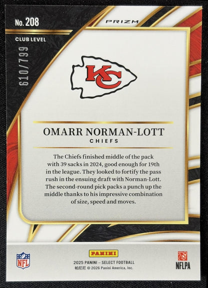 Omarr Norman-Lott 2025 Panini Select Club Level White Prizm Shock /799 Chiefs back