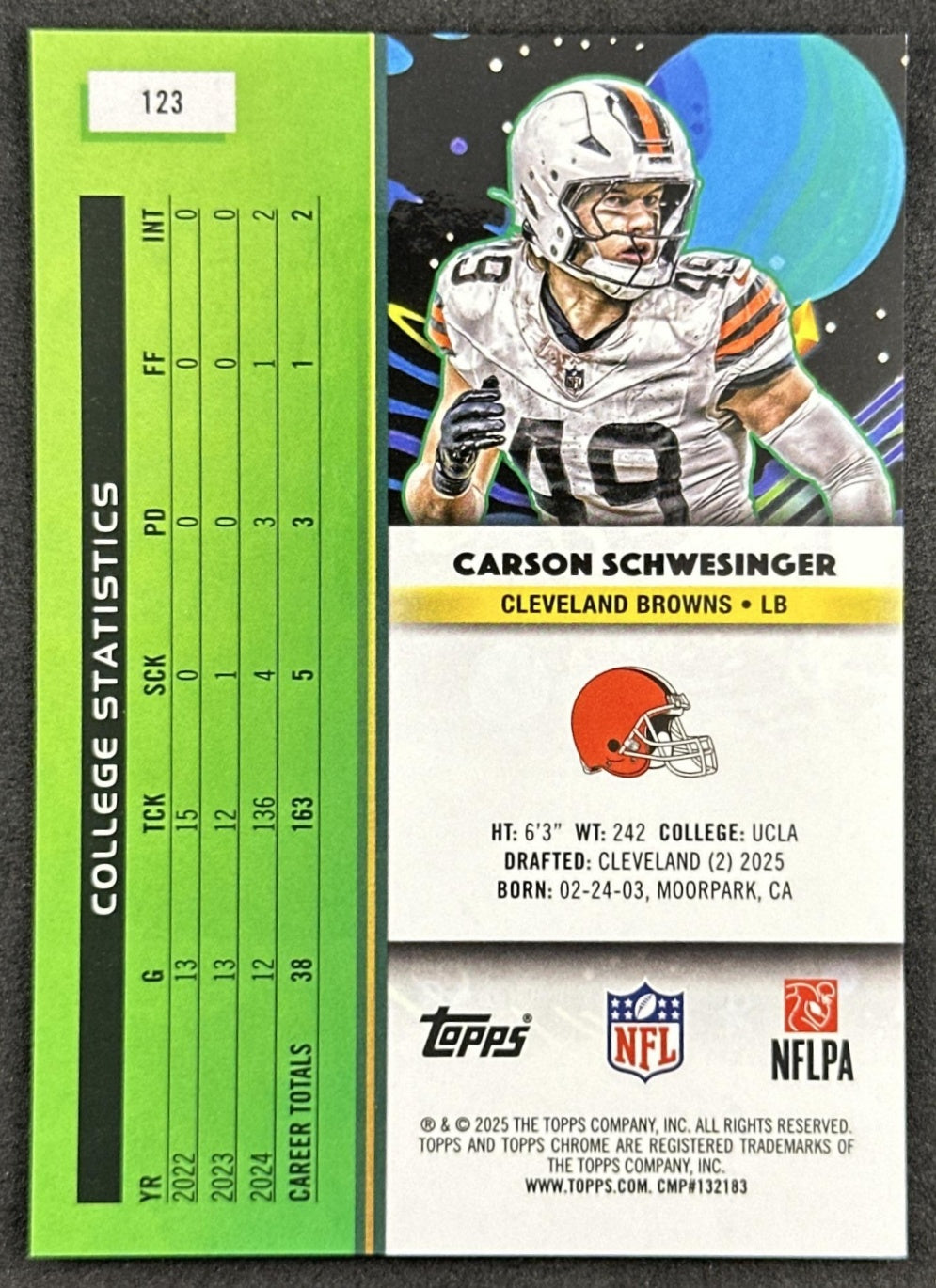 Carson Schwesinger 2025 Topps Cosmic Chrome Purple Nebula Refractor /150 Browns Sports Trading Cards