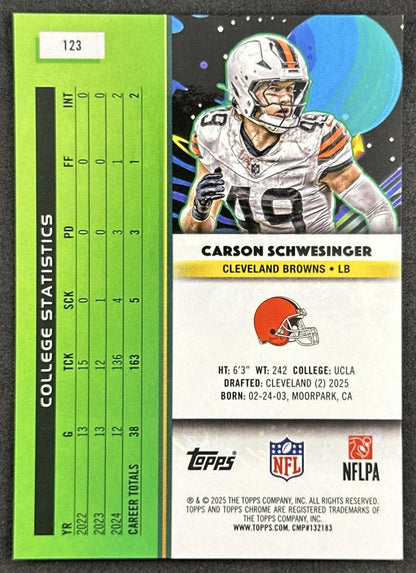 Carson Schwesinger 2025 Topps Cosmic Chrome Purple Nebula Refractor /150 Browns Sports Trading Cards