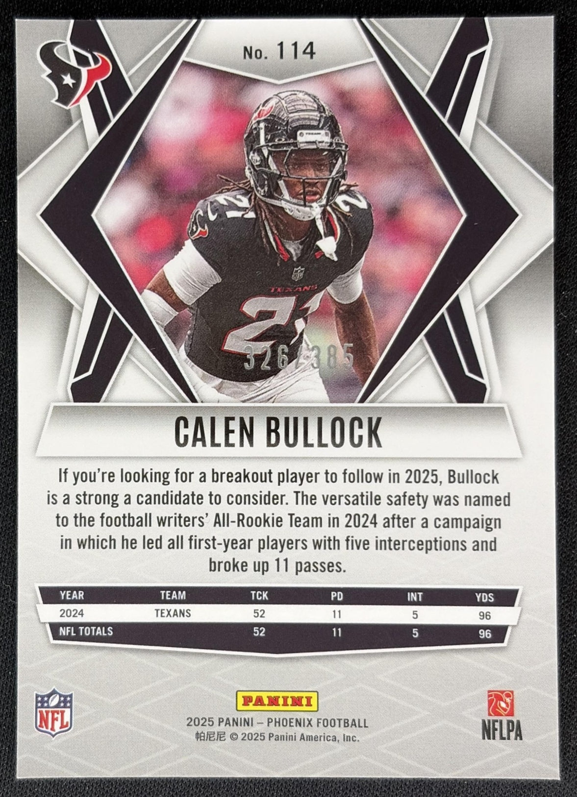 Calen Bullock 2025 Panini Phoenix Light Blue Pyramids Prizm /385 Texans Sports Trading Cards