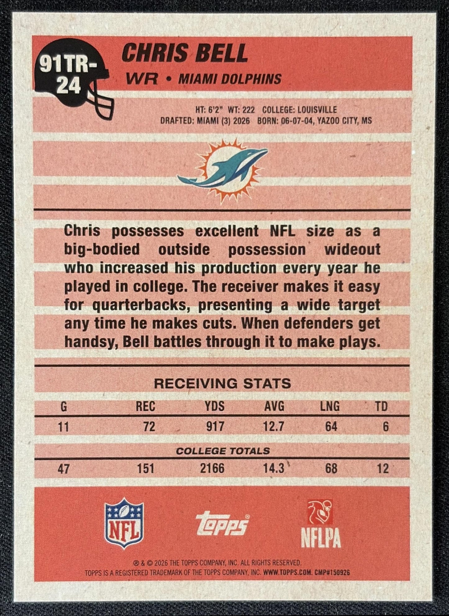 Chris Bell 2026 Topps 1991 Rookie Dolphins back