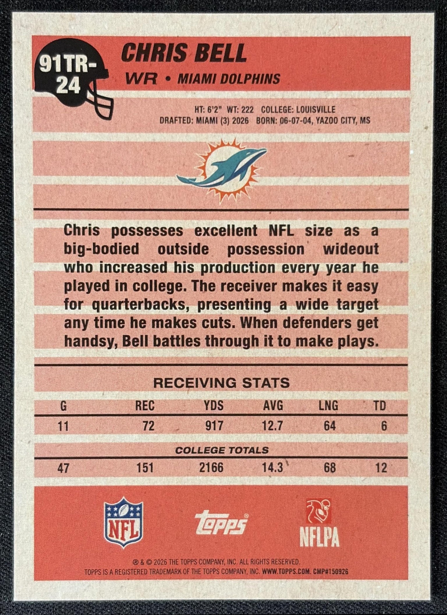 Chris Bell 2026 Topps 1991 Rookie Dolphins back