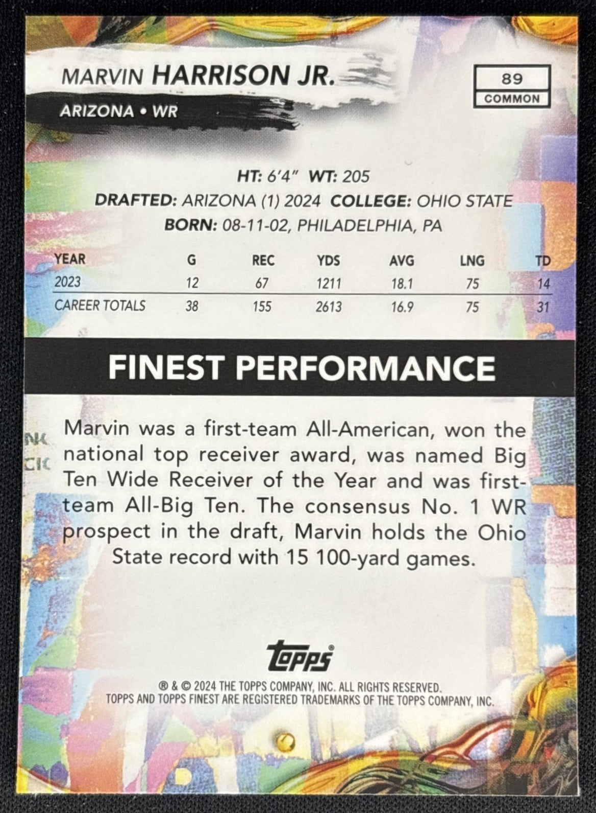 Marvin Harrison Jr. 2024 Finest Purple Checkerboard Refractor /150 Cardinals Back