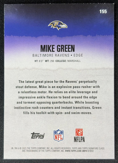 Mike Green 2025 Topps Signature Class Rookie Red & Black Foil Ravens back