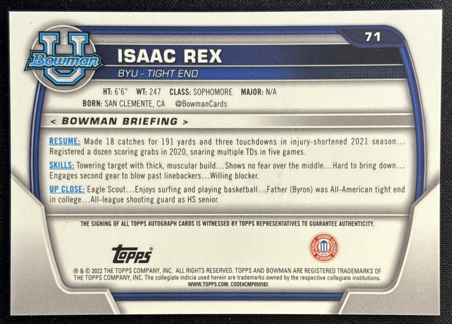 Isaac Rex 2022 Bowman University Chrome Prospect Auto back
