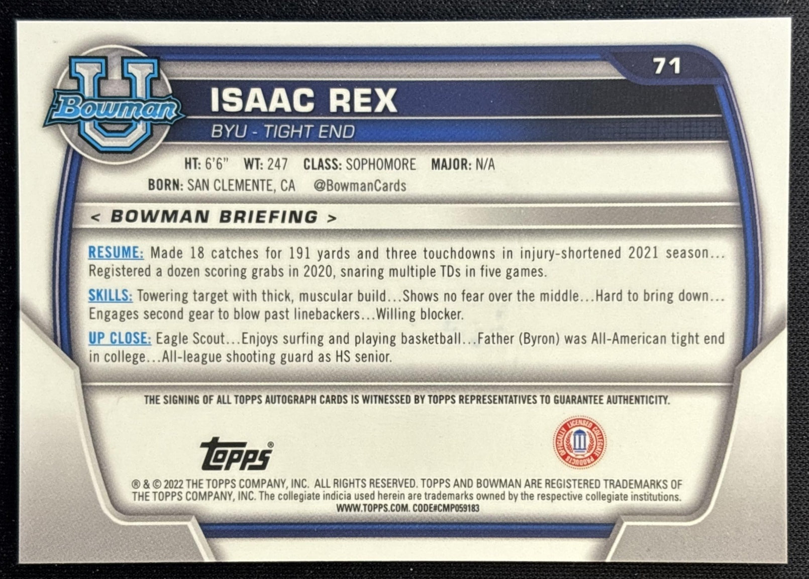 Isaac Rex 2022 Bowman University Chrome Prospect Auto back