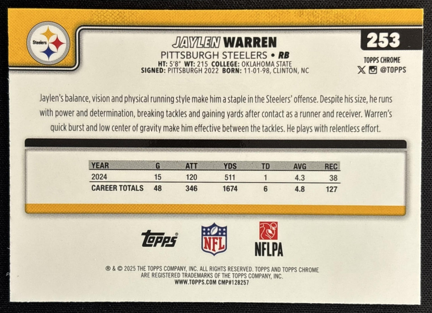 Jaylen Warren 2025 Topps Chrome Neon Pulse Refractor Steelers