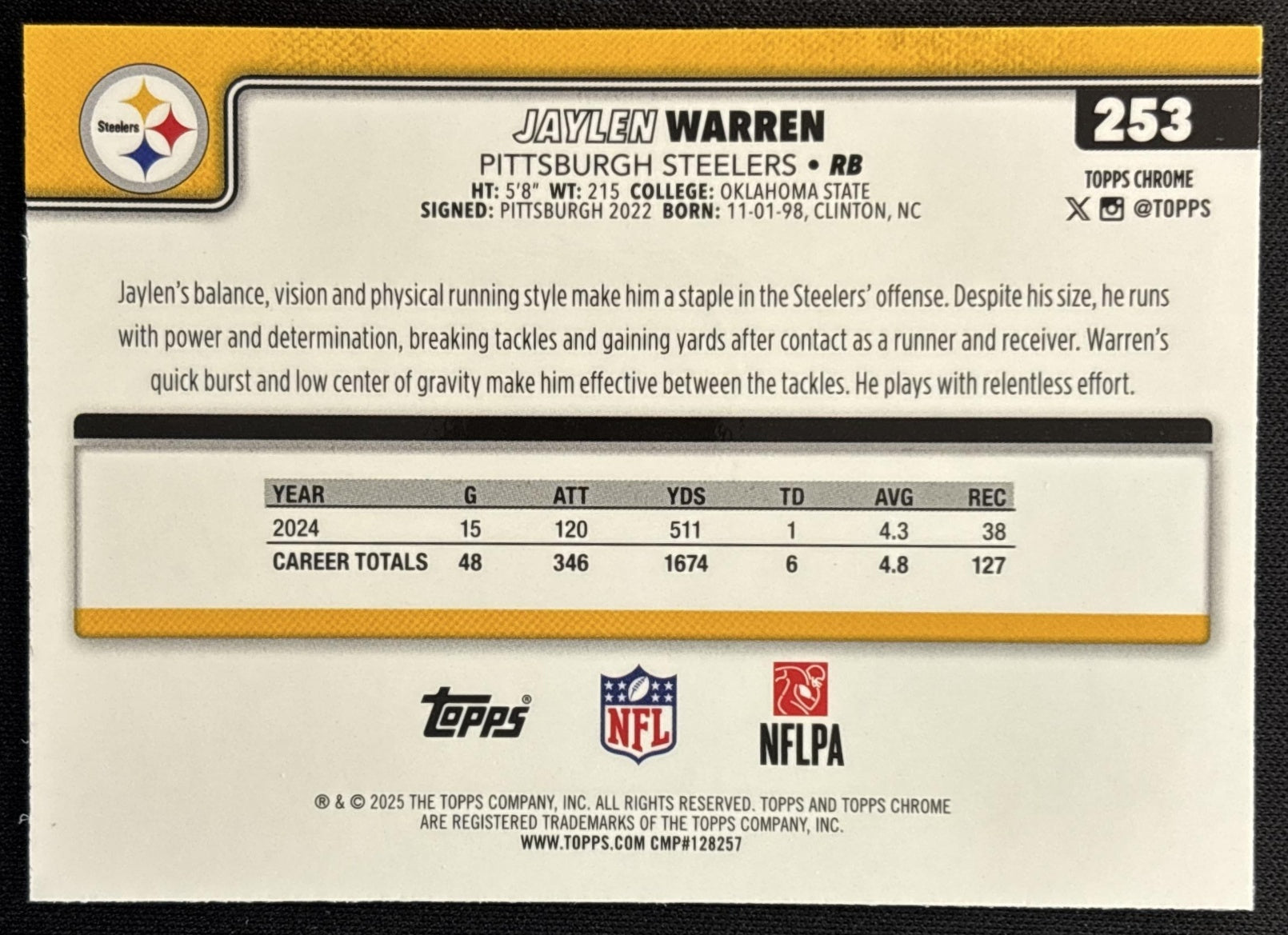 Jaylen Warren 2025 Topps Chrome Neon Pulse Refractor Steelers