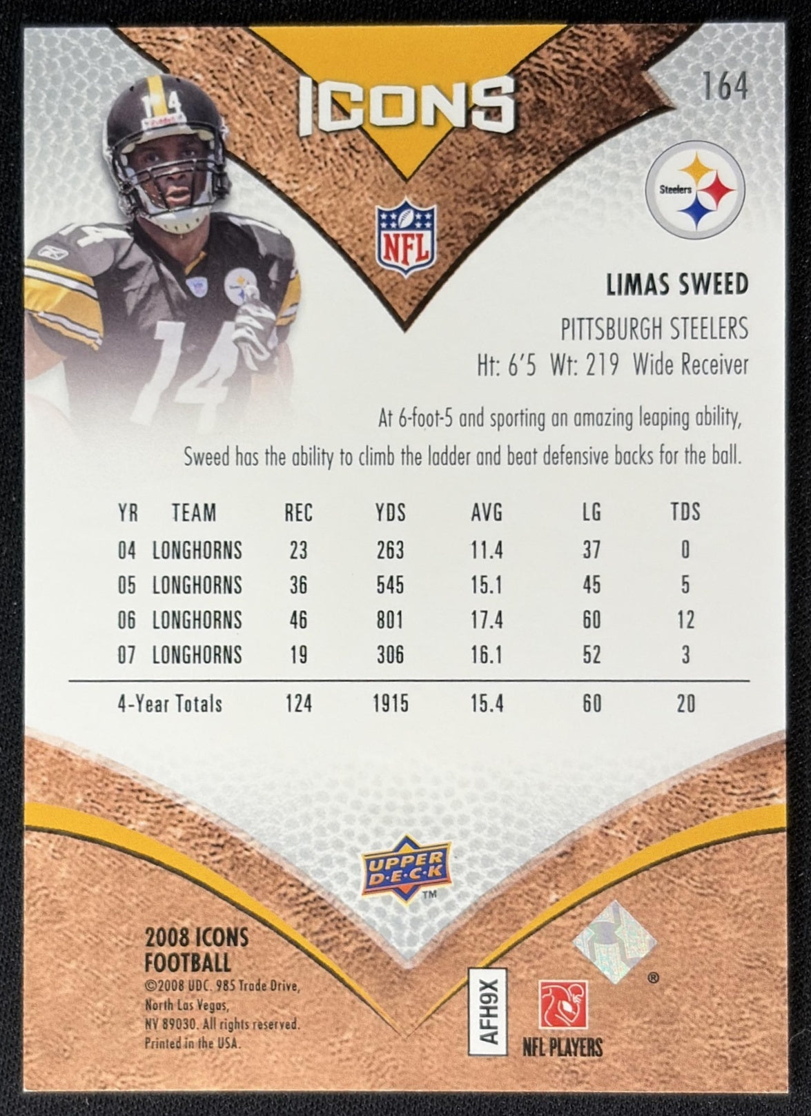 Limas Sweed 2008 Upper Deck Icons /750 Steelers back