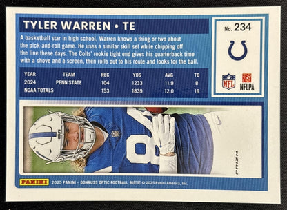 Tyler Warren 2025 Panini Donruss Optic Rated Rookie Purple Shock Prizm Colts back