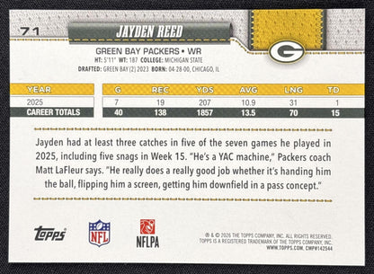 Jayden Reed 2026 Topps Team Color Border Variation Packers